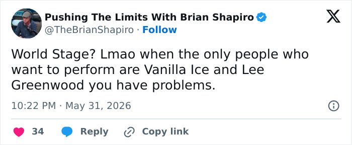 Tweet mocking Freedom 250 world stage claim, noting only Vanilla Ice and Lee Greenwood want to perform