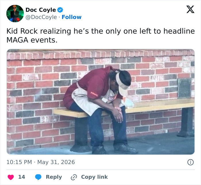 Tweet showing worker with head down captioned as Kid Rock headlining MAGA events