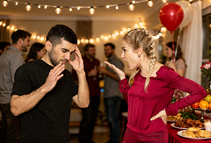 A man looking distressed while a woman yells at him at a party, depicting disturbing things people learn about friends.