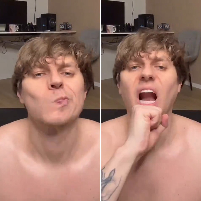 Man demonstrating jaw exercises with facial movements for transformation