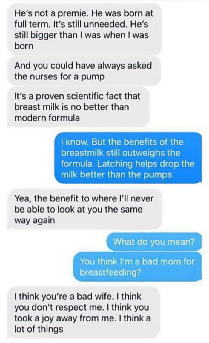 Text messages discussing breastfeeding benefits versus formula in divorce threat Text messages discussing breastfeeding benefits versus formula in divorce threat