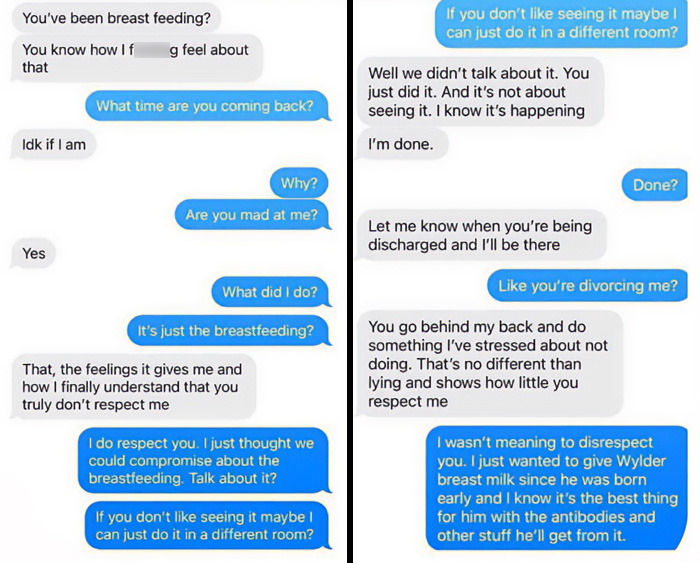 Text messages showing man's anger over wife's breastfeeding causing conflict Text messages showing man's anger over wife's breastfeeding causing conflict