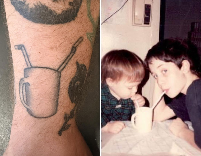 A tattoo of a mug with two straws next to a vintage photo of two children sharing a drink, meaningful tattoos.