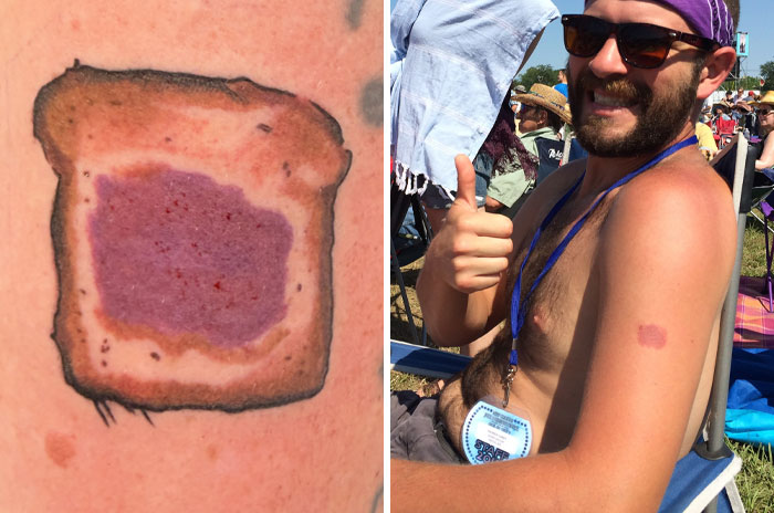 Man showing a purple jelly toast tattoo on his arm, a unique design among meaningful tattoos.