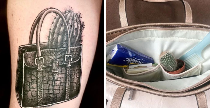 A tattoo of a handbag with a cactus inside next to a real handbag with a cactus, unique tattoos.
