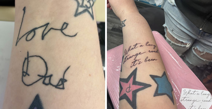 Left arm with two meaningful tattoos, one reading Love Dad and another with a quote and stars.
