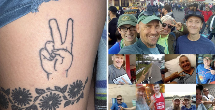 A tattoo of a peace sign and a photo collage of people making peace signs, meaningful tattoos.