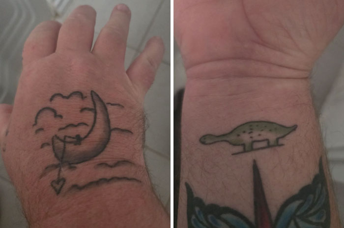Two distinct tattoos: a crescent moon on a hand and a dinosaur on a wrist, showcasing unique tattoos.