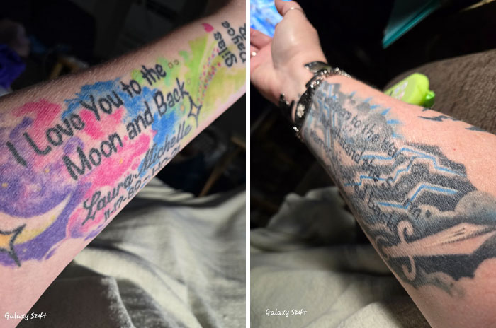 Two forearm tattoos with cosmic themes and text, one colorful and one blue, representing meaningful tattoos.