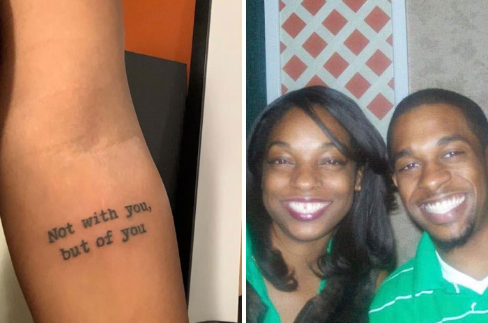 A bicep tattoo with text Not with you, but of you next to a smiling couple, showing tattoos with deep meaning.