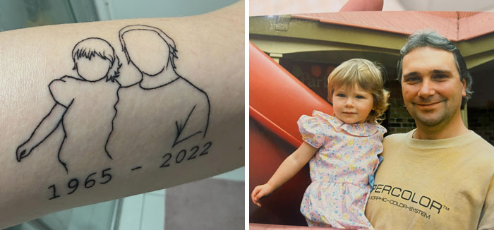 A forearm tattoo of two outlines of people with the years 1965-2022, beside a photo of a dad and child.