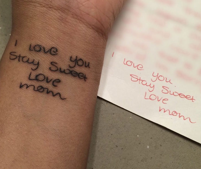 A meaningful tattoo on a wrist showing a message I love you, Stay Sweet, Love Mom next to the original note.