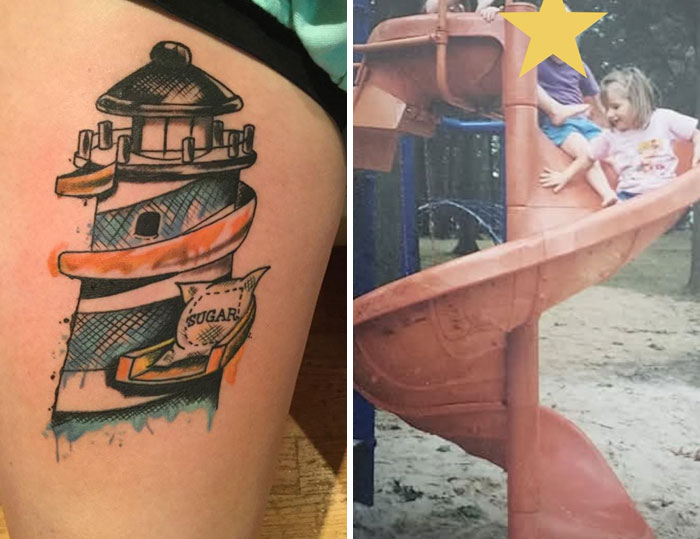 Lighthouse tattoo on thigh with a sugar bag design, abstract and colorful, a meaningful tattoo.