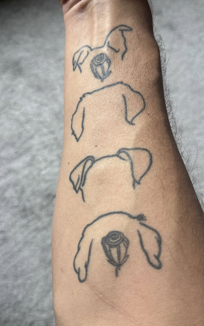Minimalist tattoos on arm illustrating the evolution of dog ears, a series of meaningful tattoos.