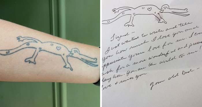 A split image showing a lizard doodle tattoo on an arm and the original handwritten note, illustrating tattoos that mean far more than what meets the eye. A deeply personal tribute.