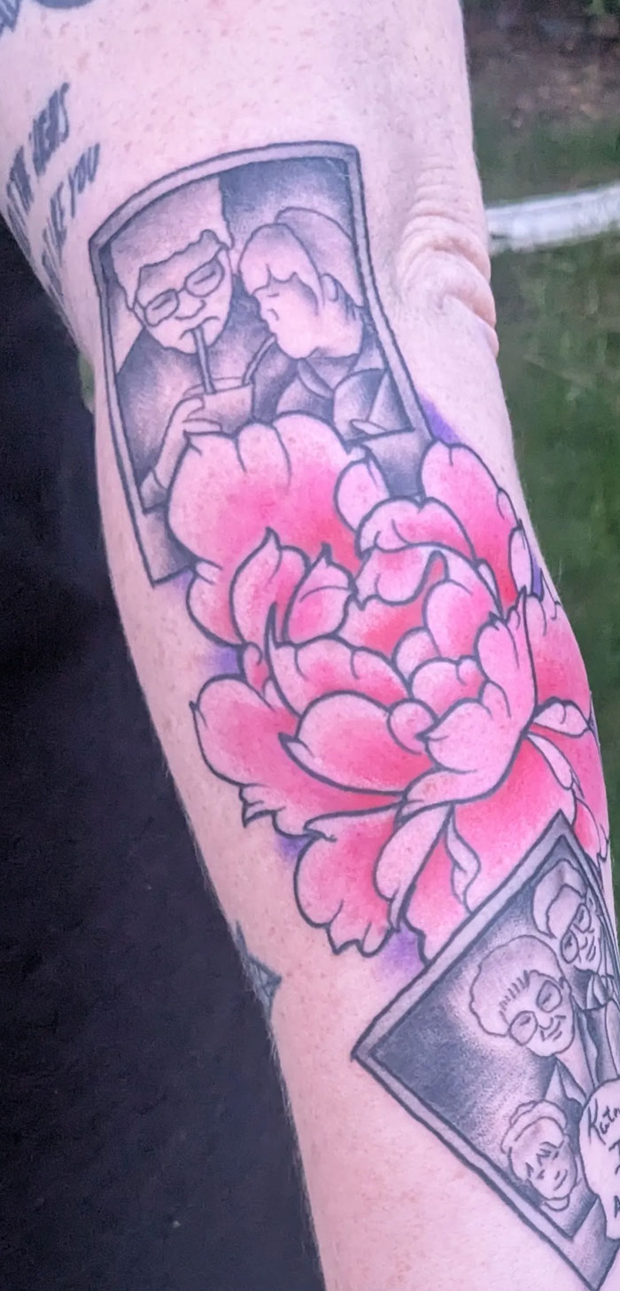 An arm adorned with a vibrant pink peony tattoo, flanked by two black and white portrait tattoos. These tattoos mean far more than what meets the eye, expressing personal stories.