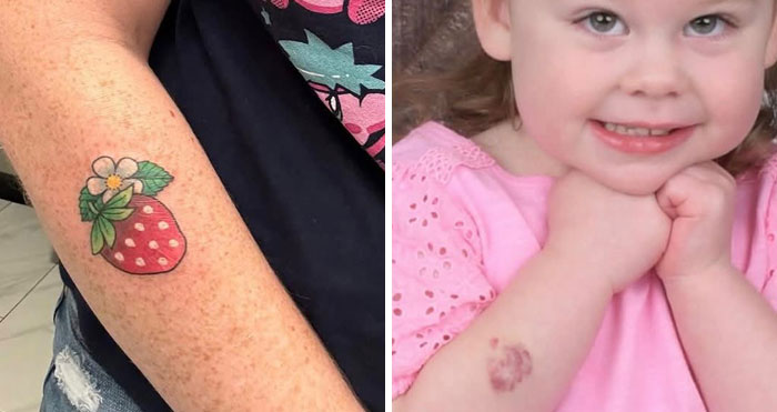 A split image showing a strawberry tattoo on an adult arm next to a young girl with a strawberry-shaped birthmark. These meaningful tattoos often symbolize love.