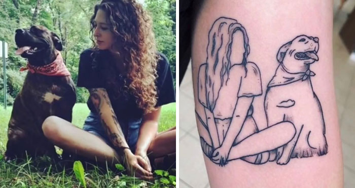 A split image showing a woman with her dog in a park, next to a matching line-art tattoo of the two. These tattoos have a deeper meaning.
