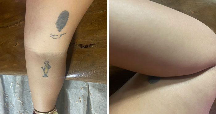 A split image displaying meaningful tattoos on a leg. One tattoo is a fingerprint with love you mama, another is a small figure. These tattoos mean far more than what meets the eye.