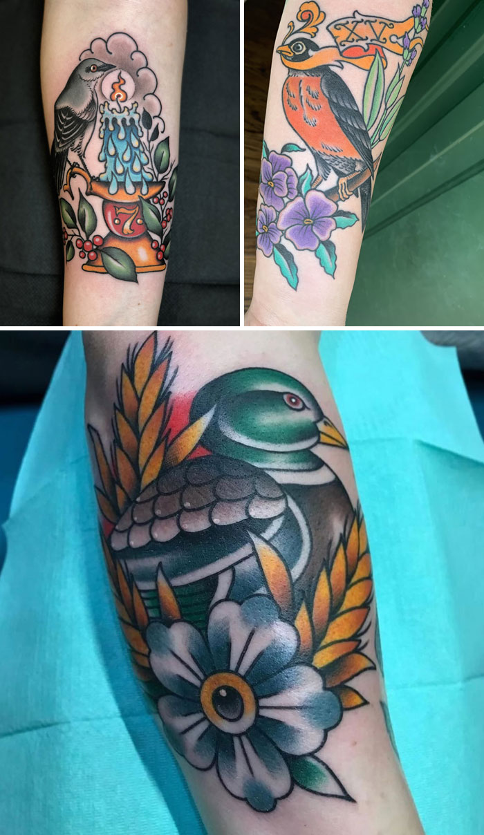A vibrant collection of tattoos, featuring a bird with a candle, another bird surrounded by flowers, and a duck.