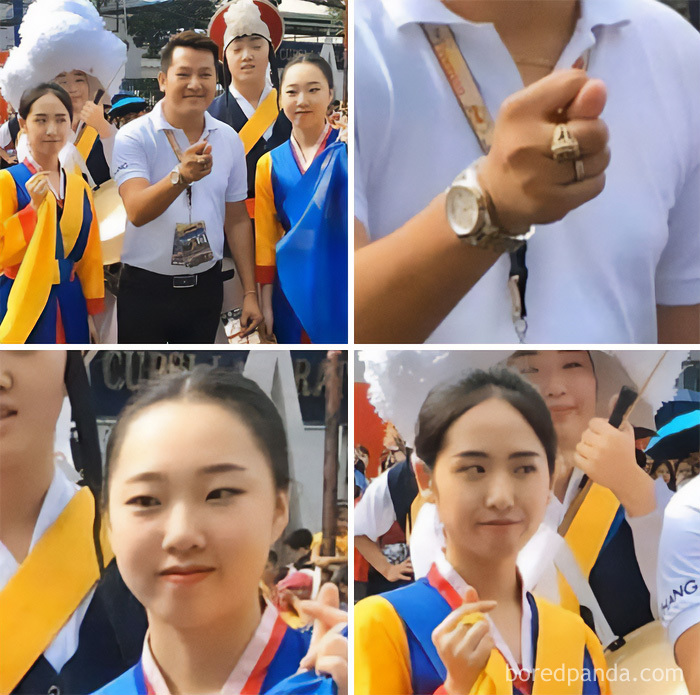 A funny meme collage showing a man making a small heart gesture with his fingers while others around him don't react.