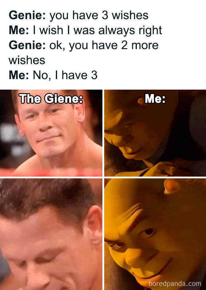 A funny meme with four panels, showing a genie and a person arguing about wishes, depicting hilarious memes.