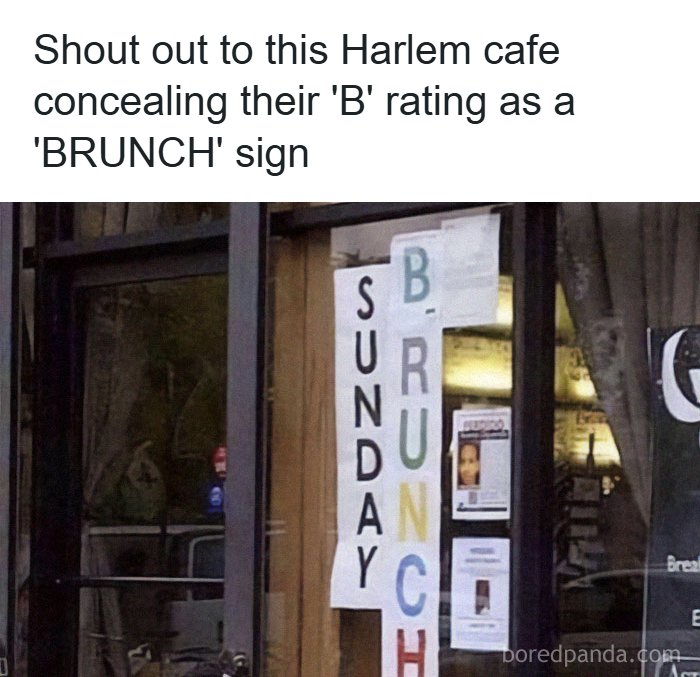 A meme of a cafe sign that says 'SUNDAY BRUNCH', but the B is a rating for the cafe.