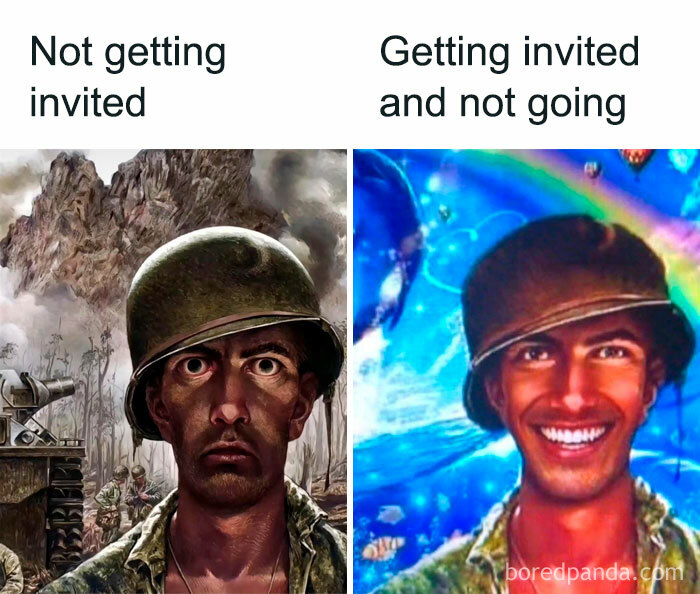 Random images showing feelings about not getting invited versus not going