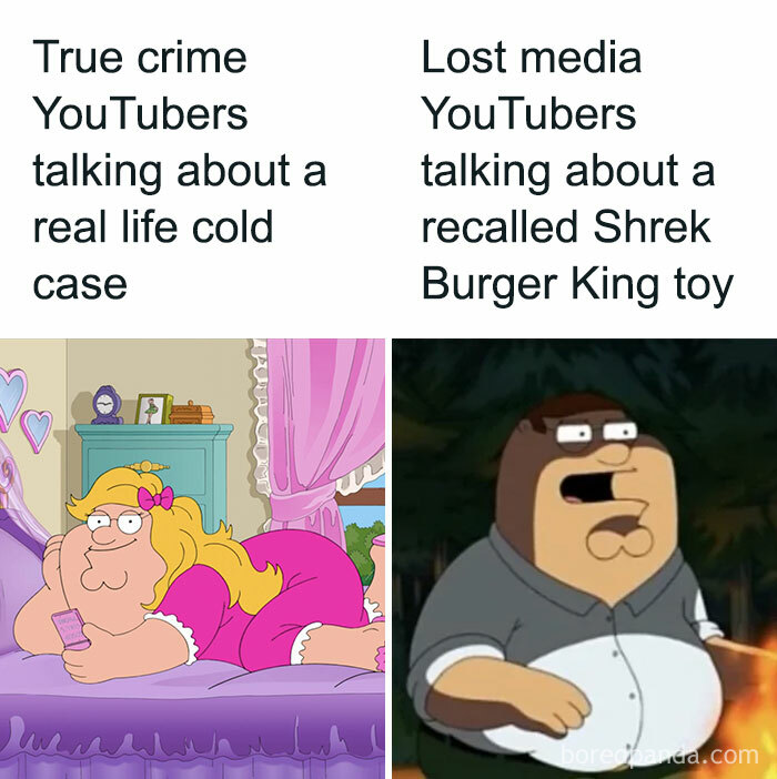 Meme comparing true crime YouTubers to lost media YouTubers discussing bizarre recalled toys