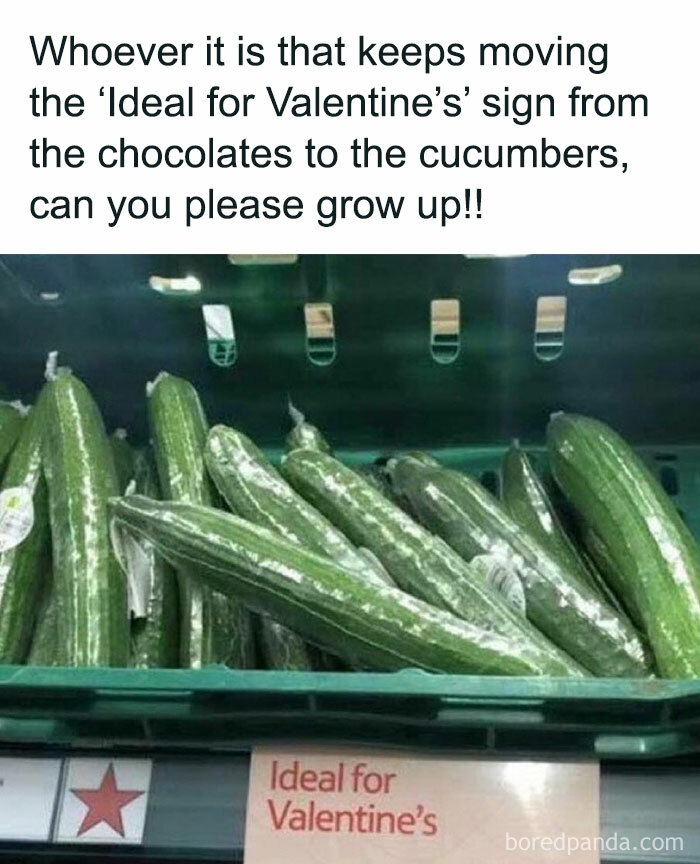 Cucumbers in crate with sign ideal for Valentine’s food meme
