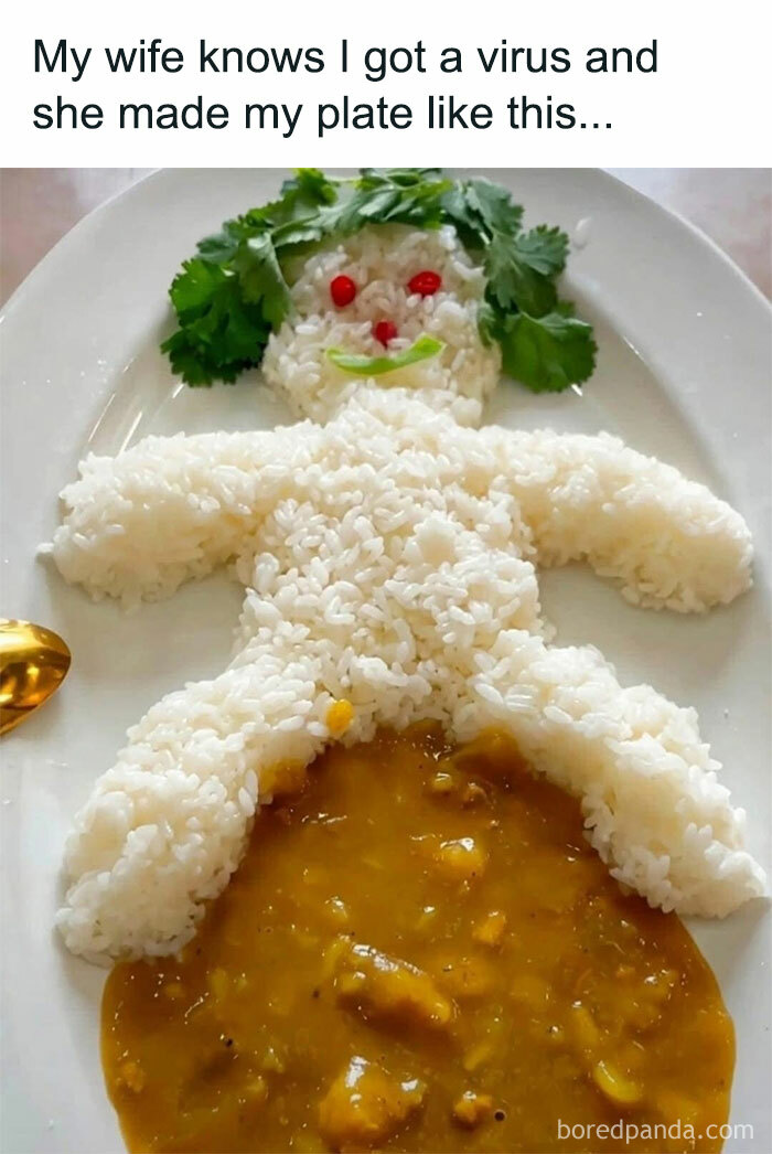 Rice arranged in human shape on plate with curry humor about virus