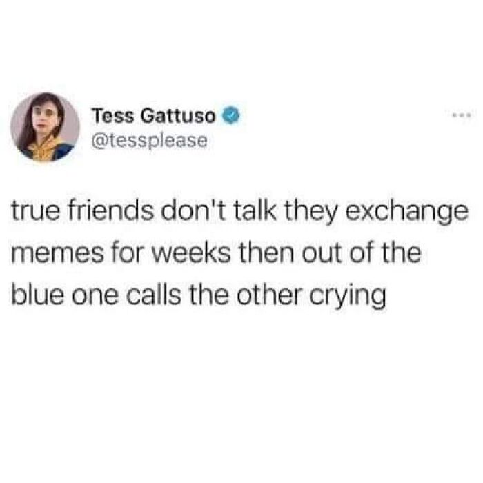 Tweet meme about true friends exchanging memes and emotional support cheerfully pessimistic