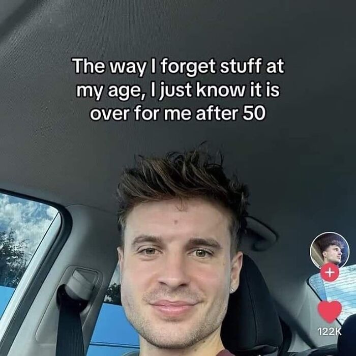 Man smiling in car meme about memory loss and aging cheerfully pessimistic