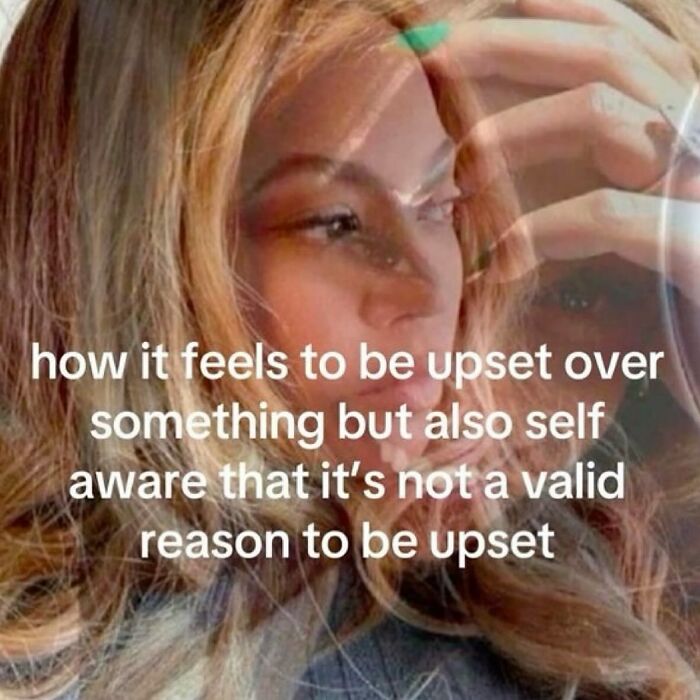 Woman holding head with meme about feeling upset but self-aware cheerful pessimistic memes