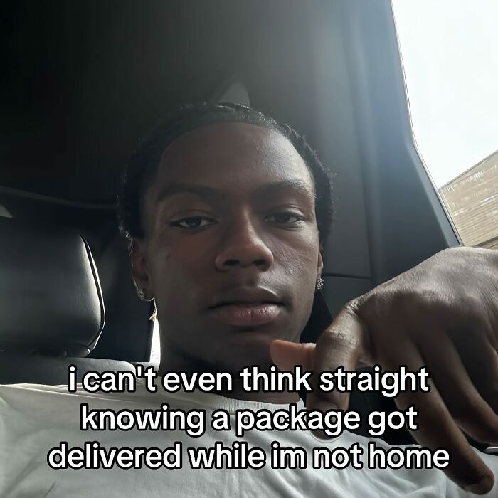 Man in car with meme about package delivery anxiety cheerful pessimistic memes