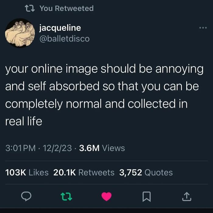 Cheerfully pessimistic meme about maintaining an annoying online image for real life normalcy