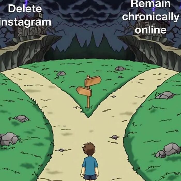 Cheerfully pessimistic meme showing choice between deleting Instagram or remaining online
