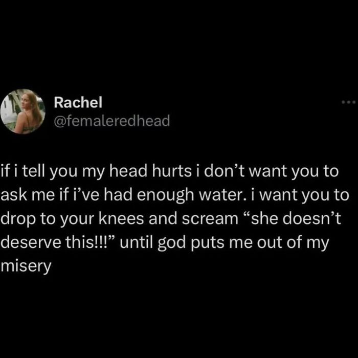 Humorous cheerfully pessimistic meme about head hurting and emotional suffering
