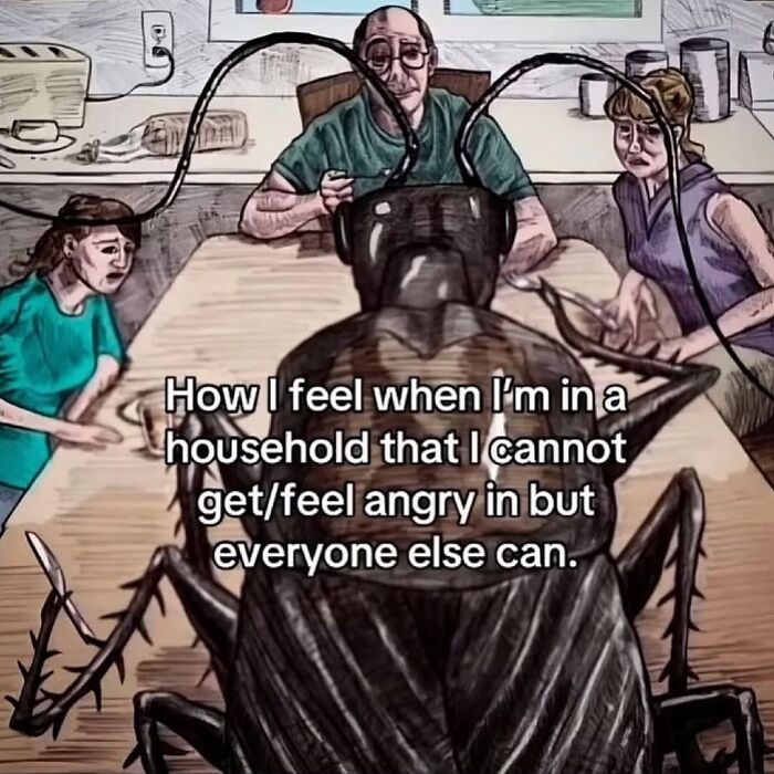 Illustration of person feeling unable to express anger in household depicted as an insect.