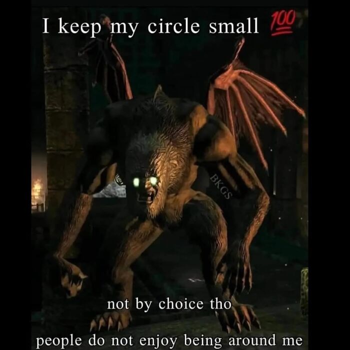 Dark creature meme about keeping a small social circle due to others' discomfort.