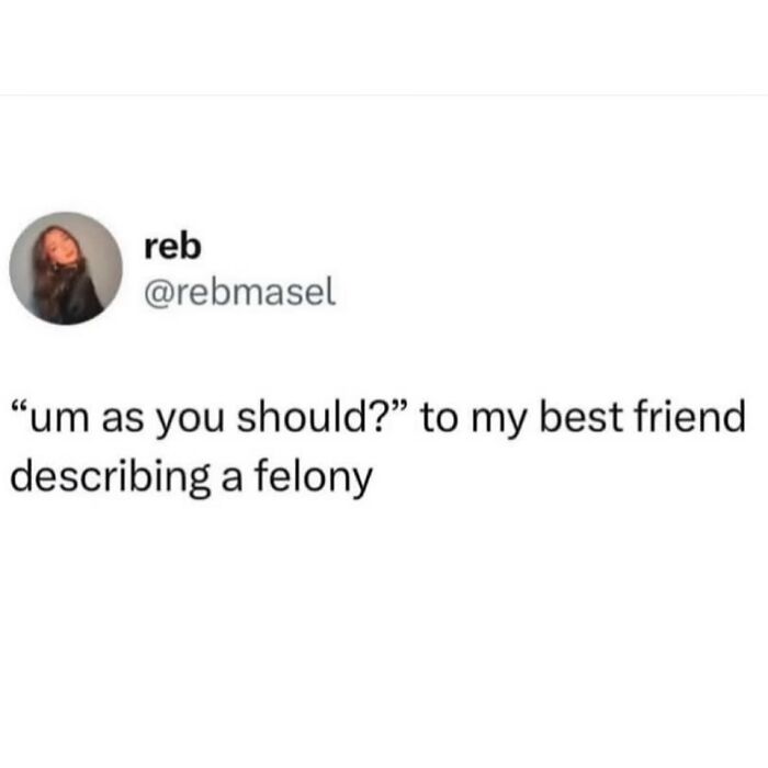 Cheerfully pessimistic meme quoting a tweet about describing a felony to a friend