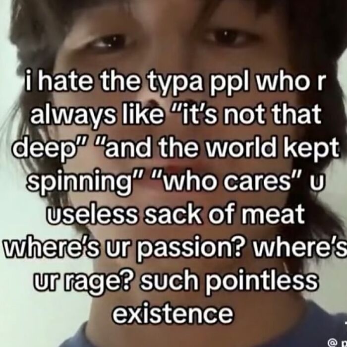 Pessimistic meme criticizing people who downplay deep feelings and passion
