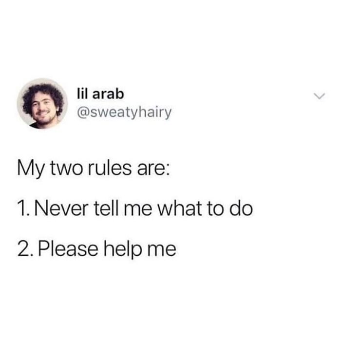 Cheerfully pessimistic tweet with two rules: don't tell what to do and please help me