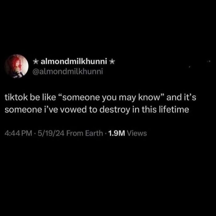 Cheerfully pessimistic meme about TikTok showing 'someone you may know' to destroy in this lifetime