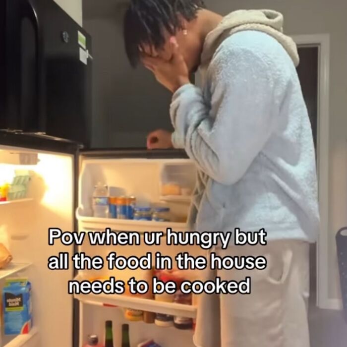 Meme showing frustration opening fridge with food needing cooking