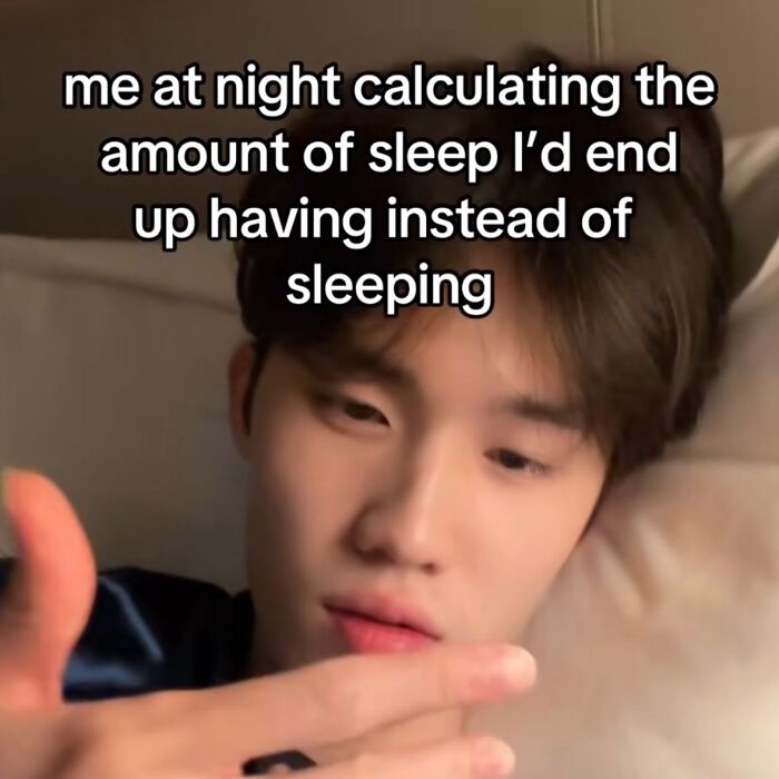 Meme about calculating sleep time instead of sleeping with close-up of person