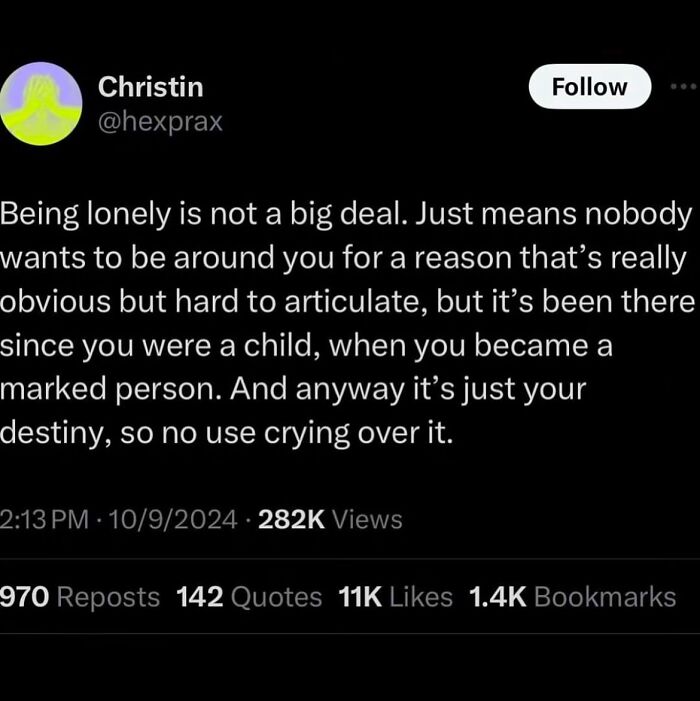Twitter text post about loneliness and marked person from a pessimistic perspective