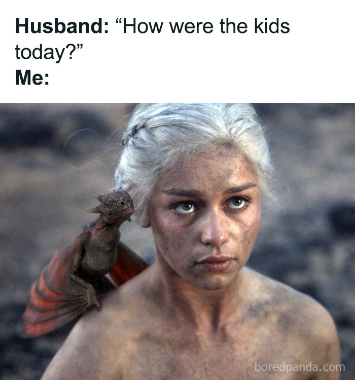 Funny husband and wife meme with exhausted woman asking about kids