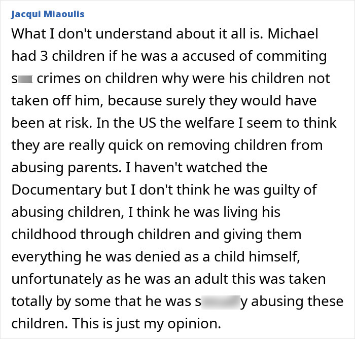 Comment questioning child a***e accusations against Michael Jackson insider