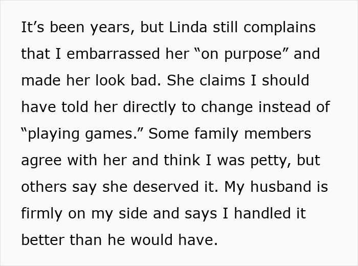 Linda still complains about being embarrassed at son's wedding, where MIL showed up in white.